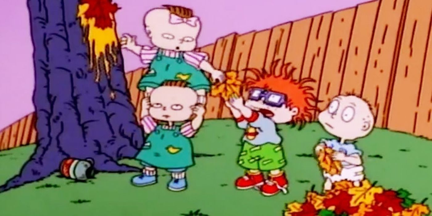 Rugrats characters playing in leaves