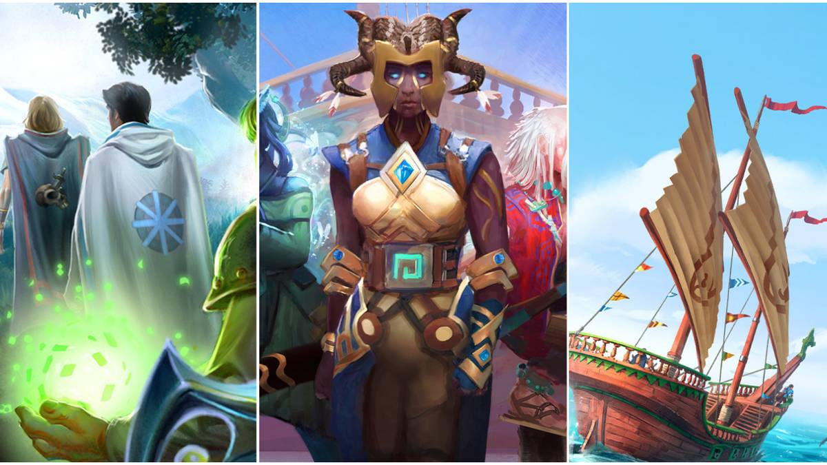 A collage from Runescape 3 including a ship for the arc, a character from ports, a person with a slayer cape, and a person with a quest cape