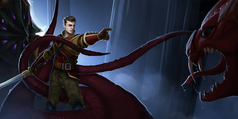 A weird tentacle monster on Runescape 3 and a man pointing at it with sword in hand