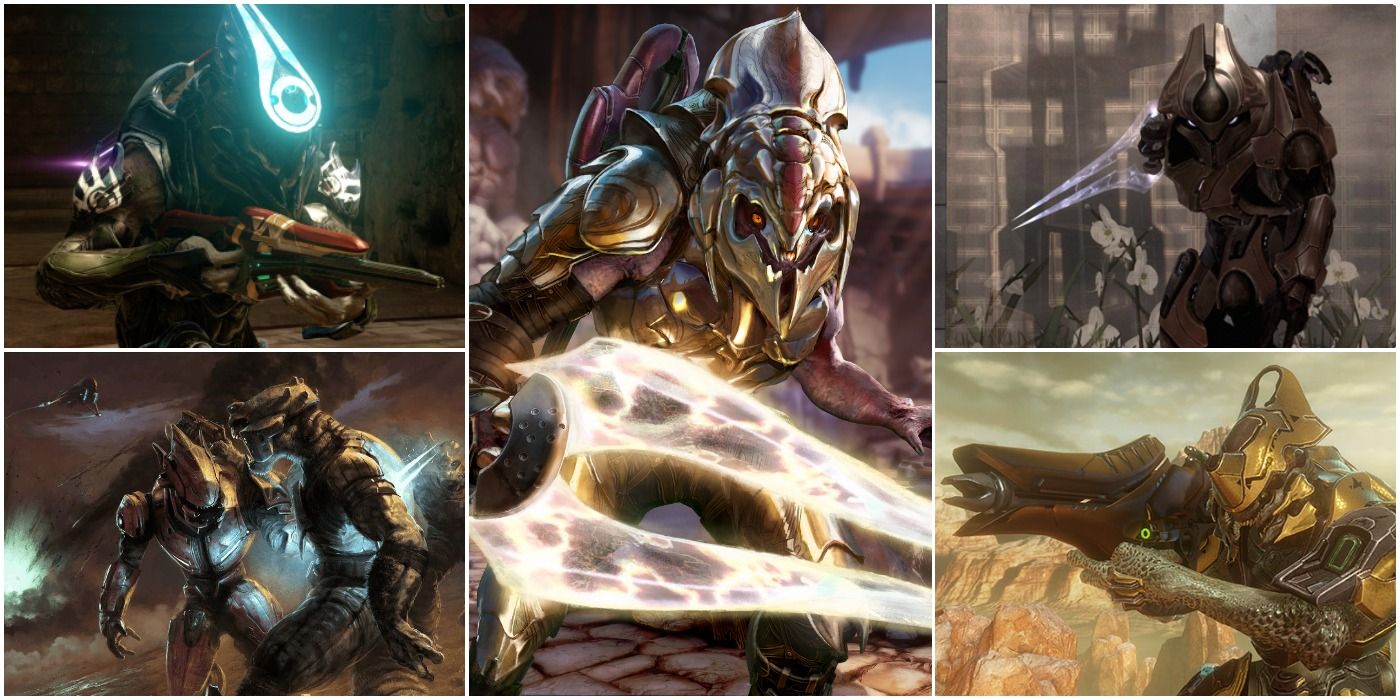 Various Elites/Sangheili Gold Armored Arbiter Energy Swords Covenant Weaponry Halo
