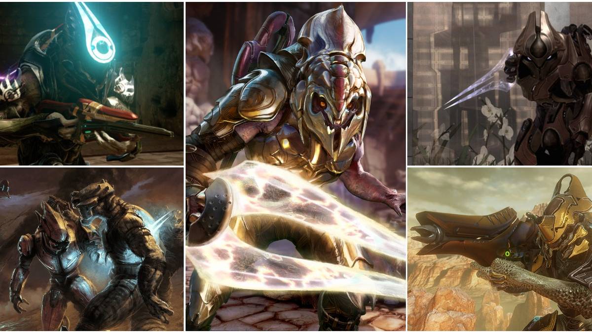 Various Elites/Sangheili Gold Armored Arbiter Energy Swords Covenant Weaponry Halo