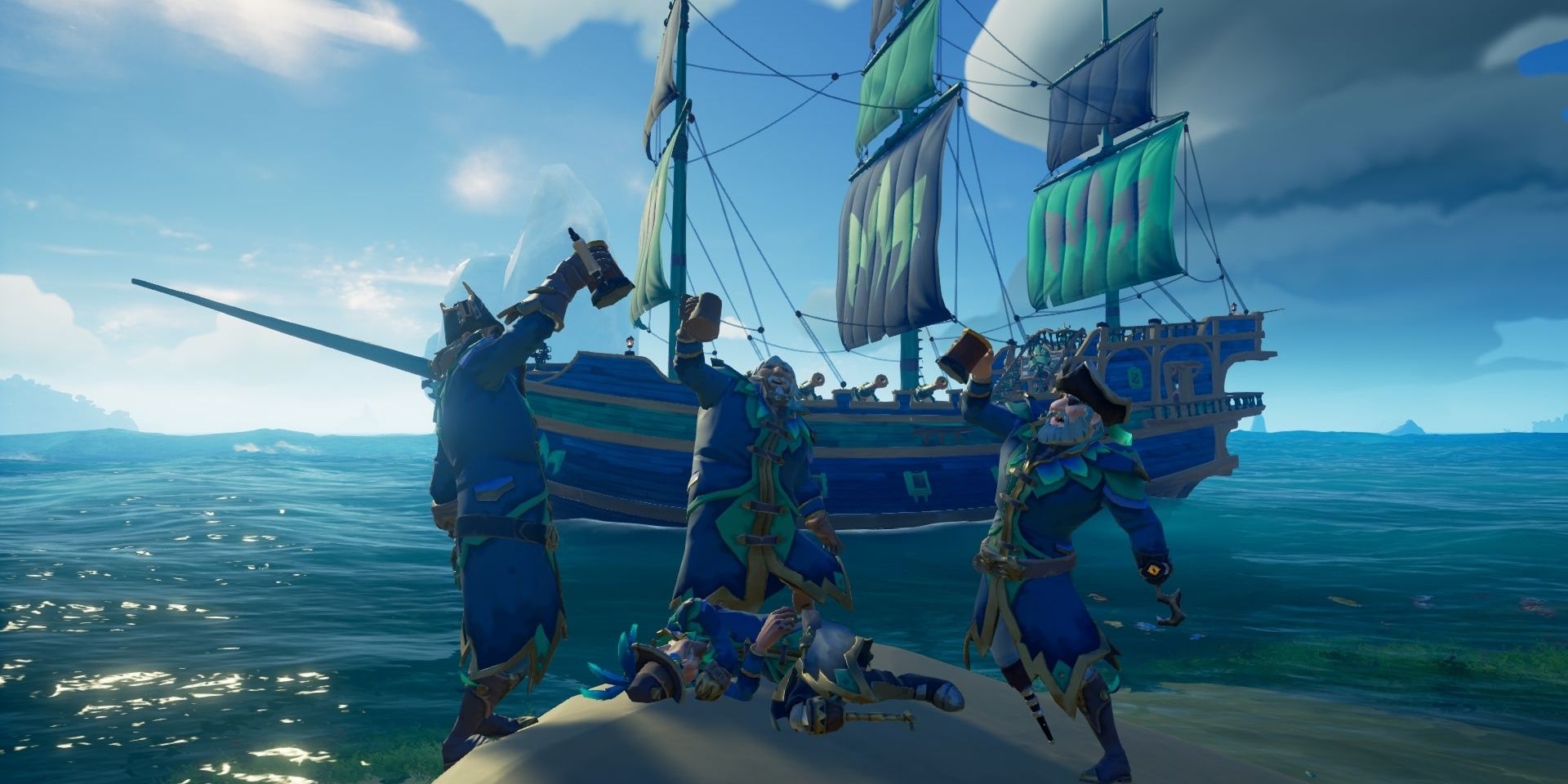 Pirates wearing Parrot Set clothing with matching ship in Sea of Thieves