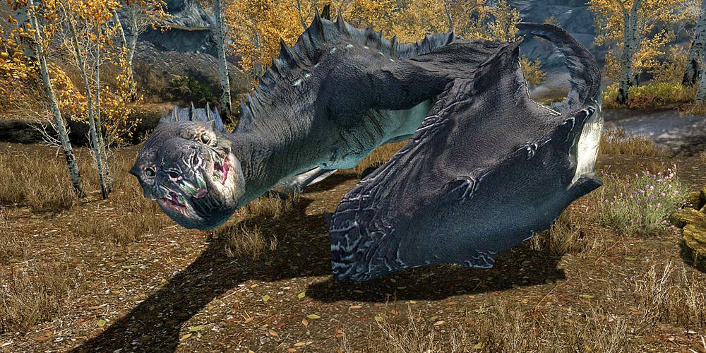 Serpentine Dragon attacking the player in Skyrim