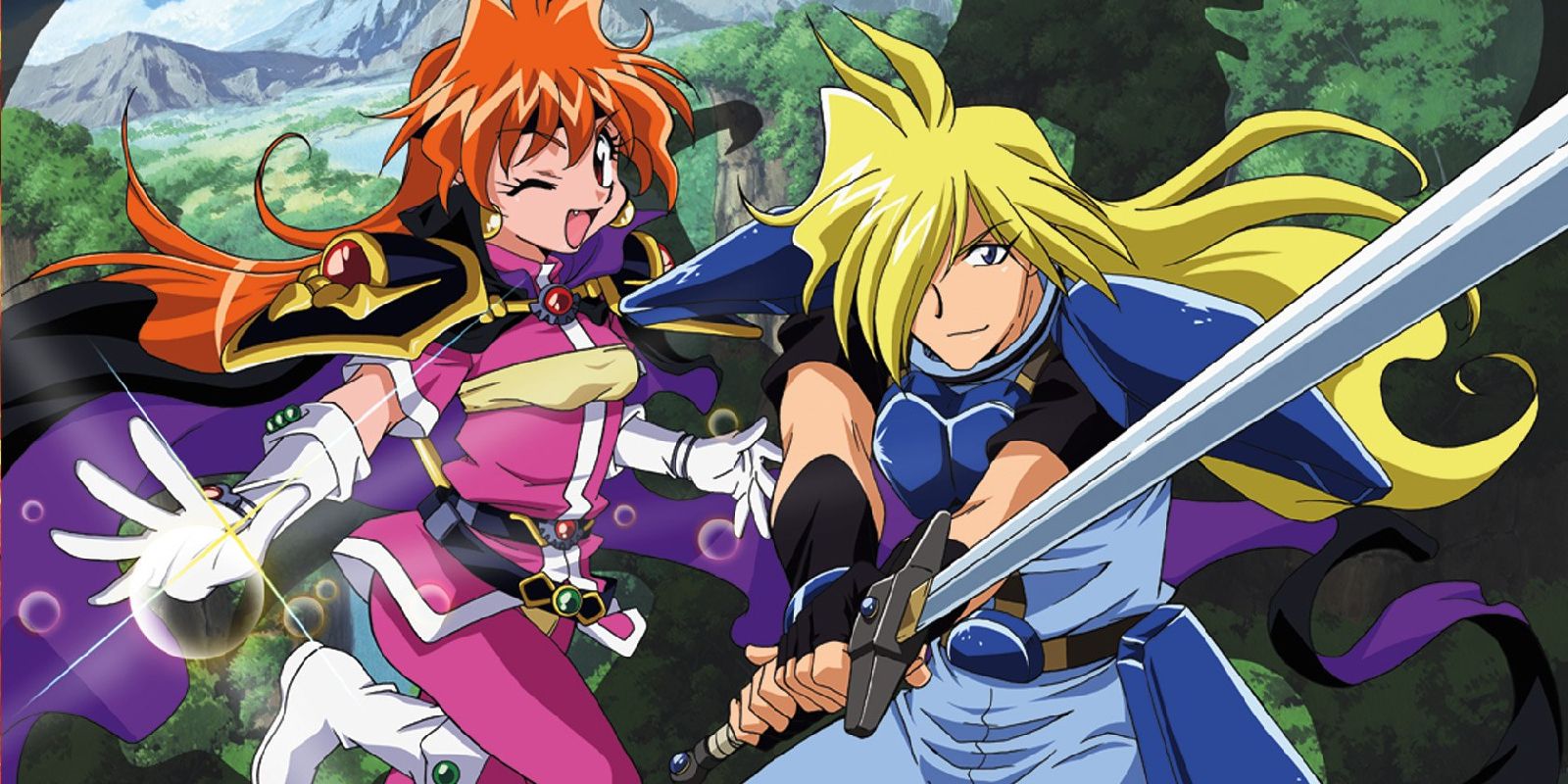 the two main characters from the tv show wielding magic and a sword.