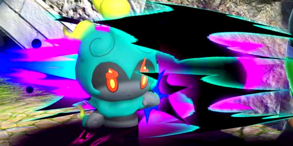 marshadow the pokemon in super smash bros ultimate using a ghost move from the pokemon games.