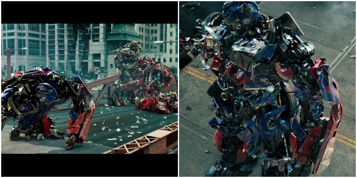 Split image showing optimus and sentinel down while megatron was standing and the end when only optimus was standing