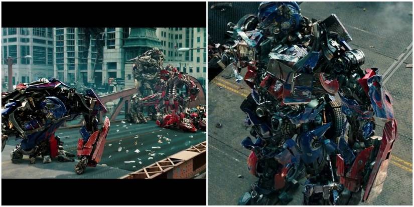 Split image showing optimus and sentinel down while megatron was standing and the end when only optimus was standing