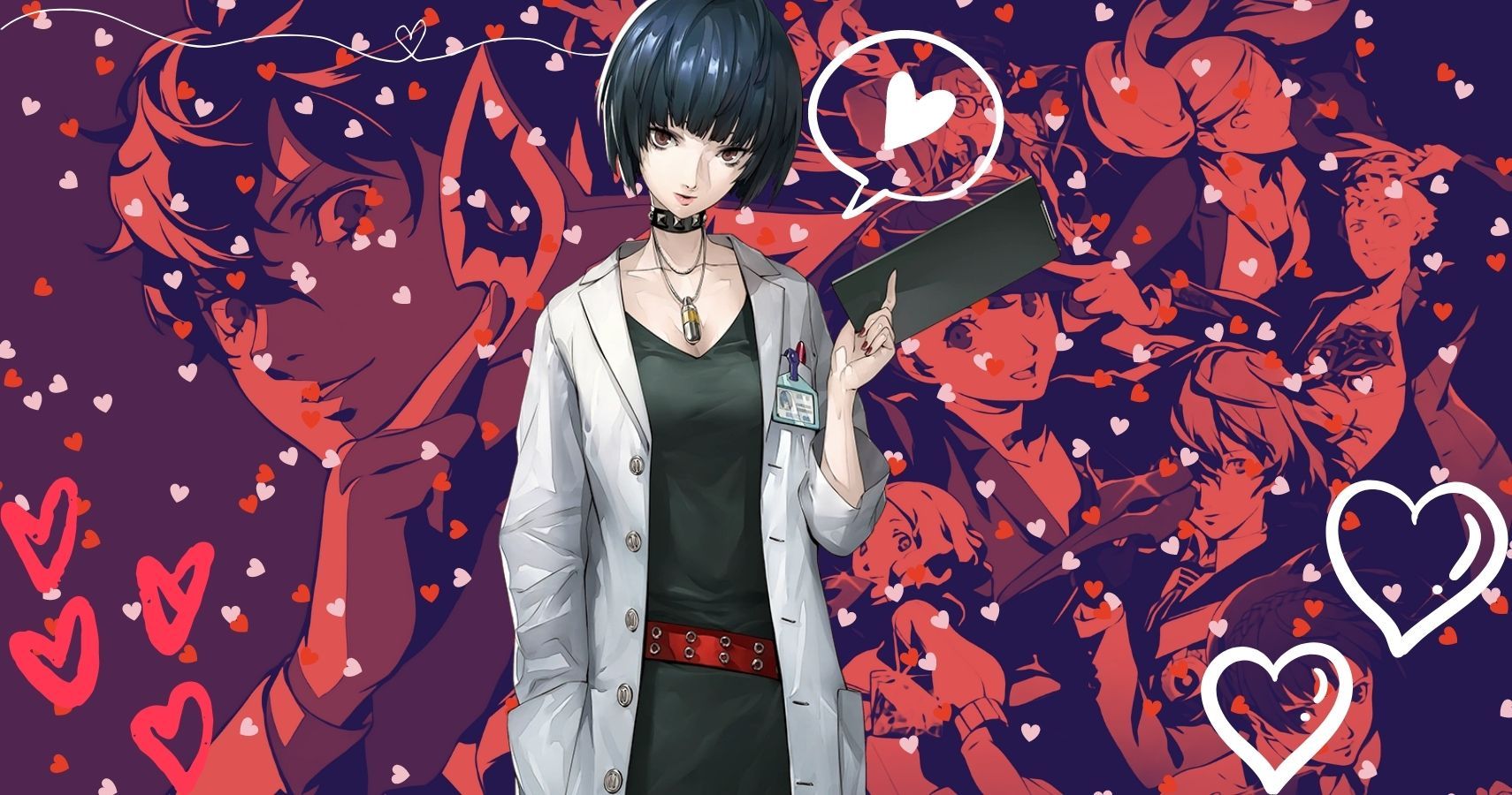 A picture of Tae Takemi standing against a flurry of hearts