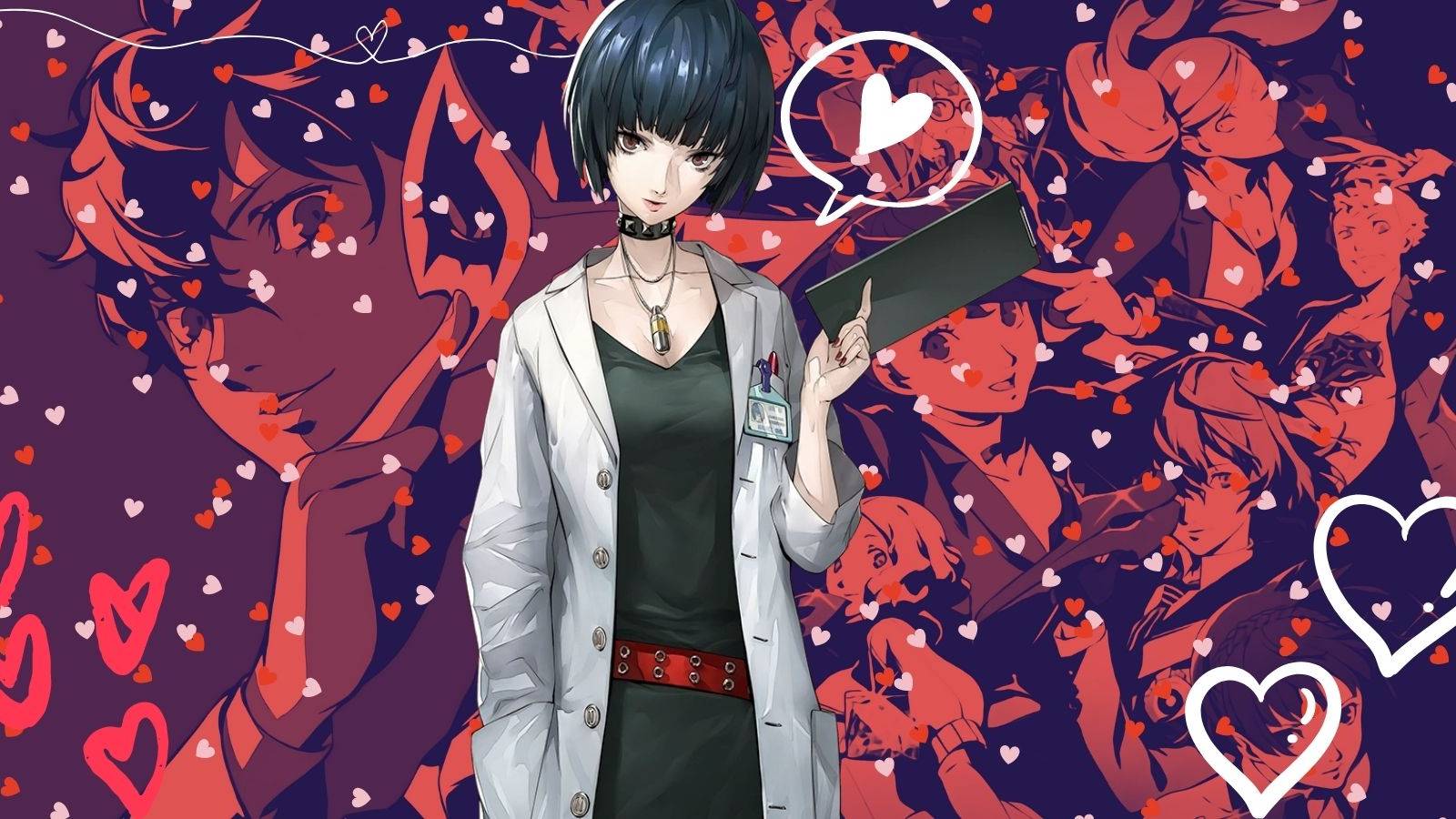 A picture of Tae Takemi standing against a flurry of hearts