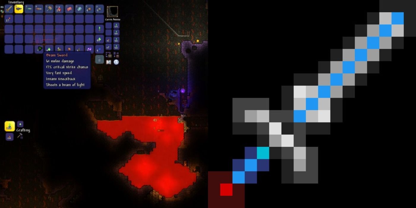 split image of finding the beam sword and a close up of the beam sword