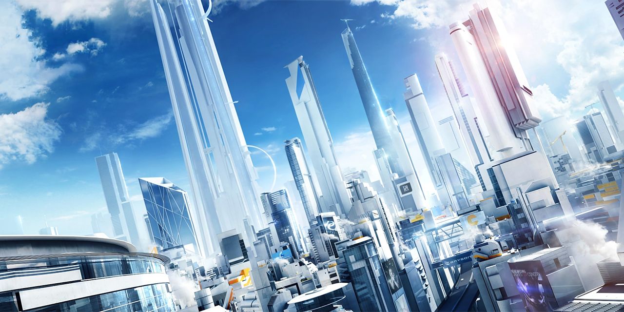 The City of Glass from Mirror&#8217;s Edge Catalyst skyline