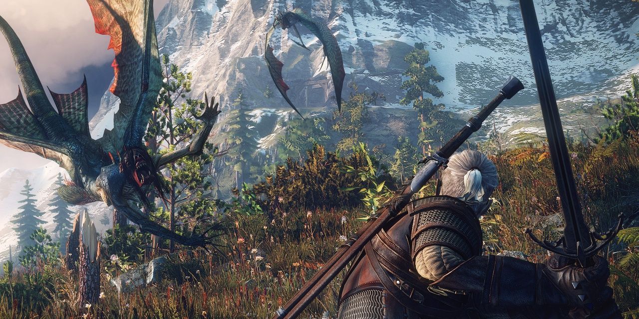 A winged beast flies toward Geralt, ready with his sword, Witcher 3