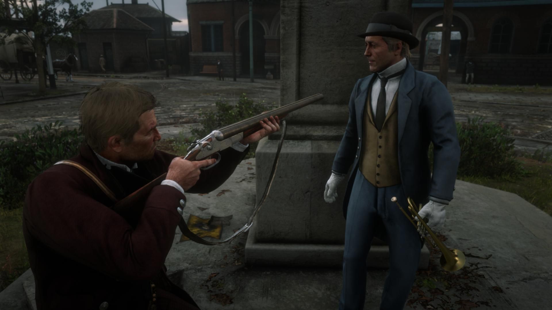 Arthur aiming his gun at a musician