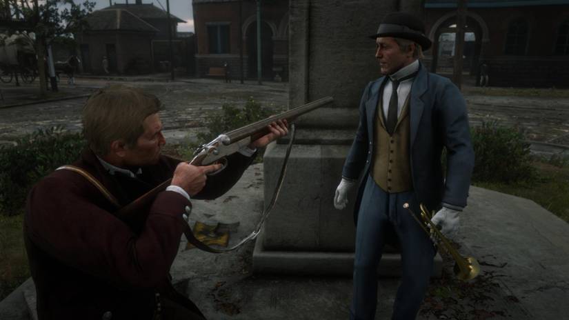 Arthur aiming his gun at a musician