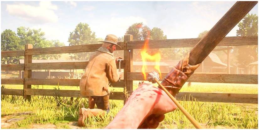 Arthur aiming a fire arrow at a random person