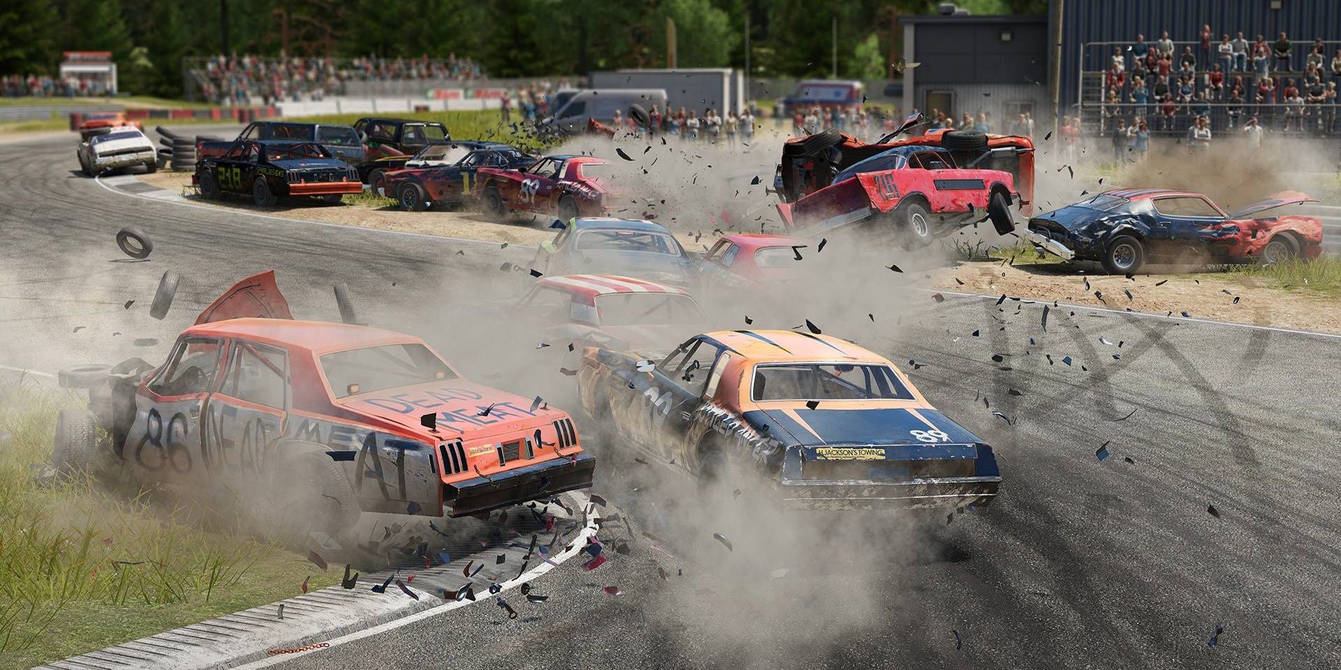 Many cars being destroyed in a demolition derby in Wreckfest