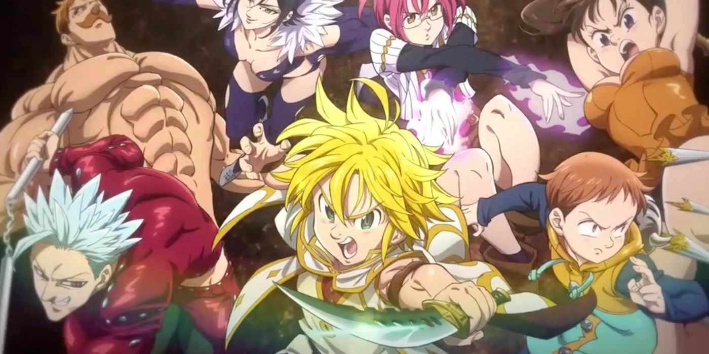 action shot of the main cast for the anime the seven deadly sins