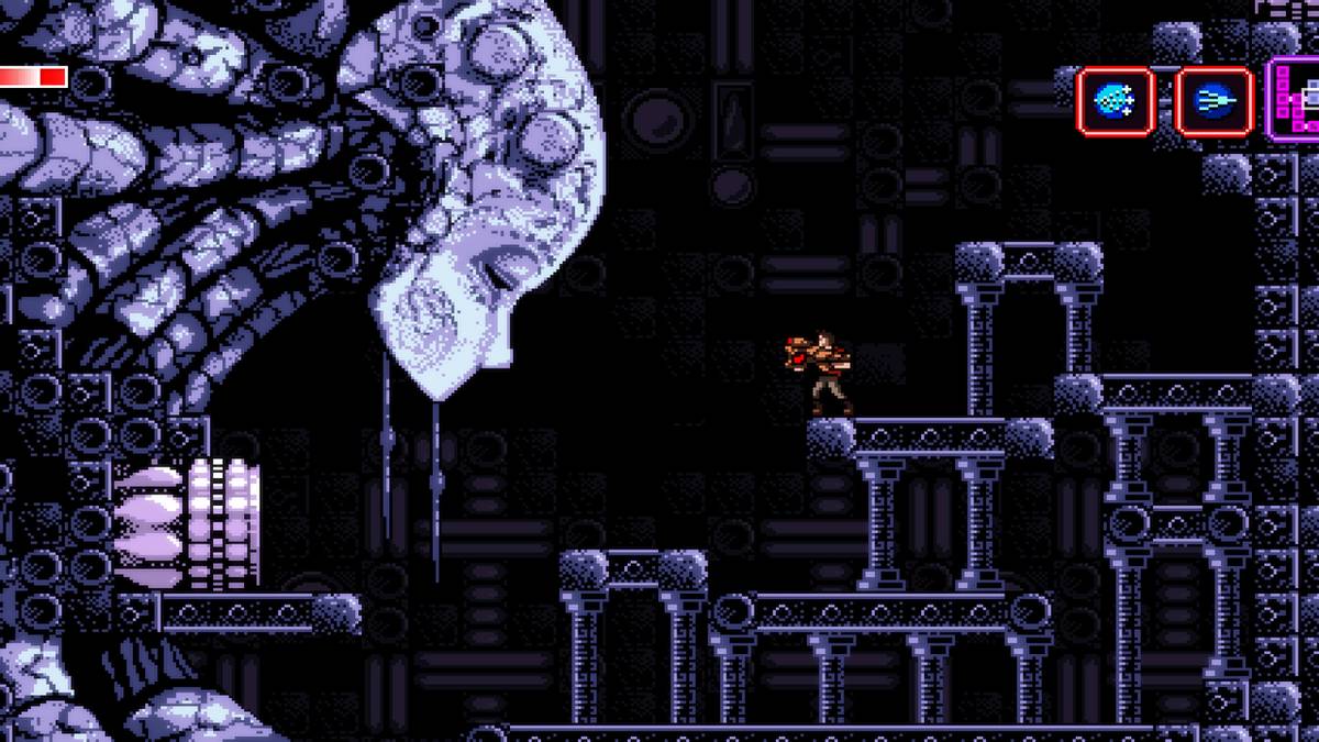 Overlooked giant robotic head boss on ledge in axiom verge