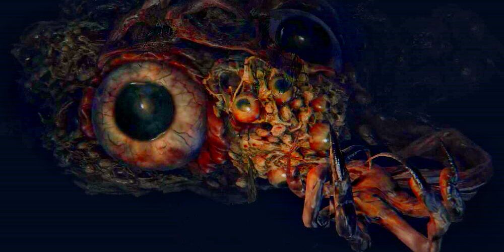концепт-арт космического ужаса для игры с глазами и другими странными органами.
