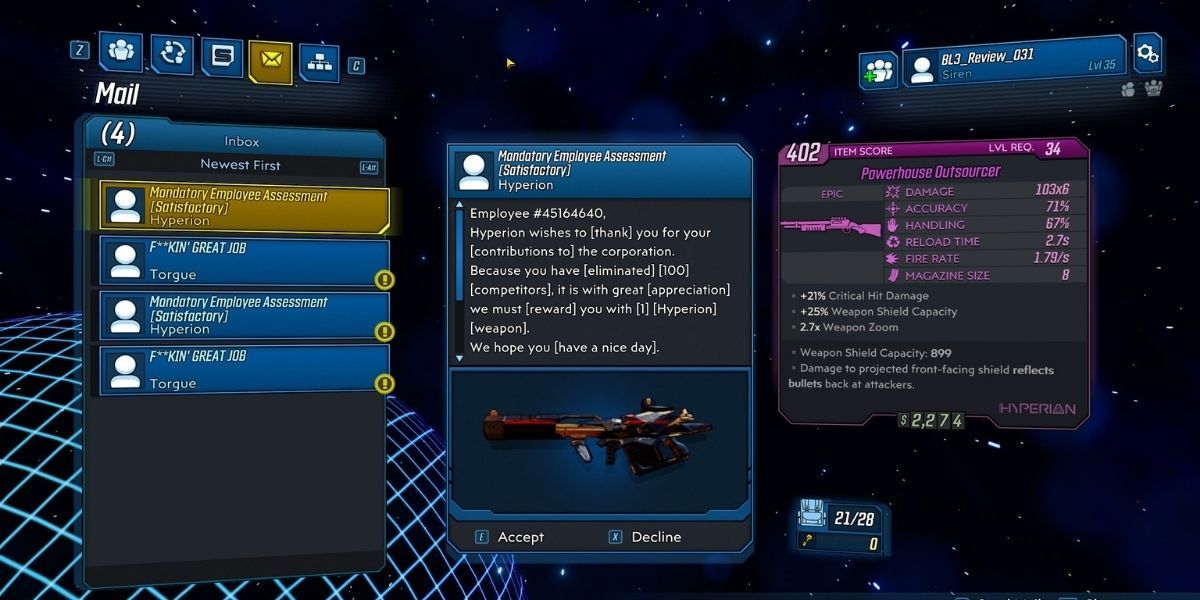 borderlands 3 players tend to miss the in game mail system