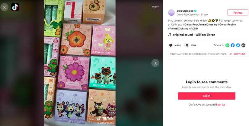 colourpop animal crossing new horizons tiktok video