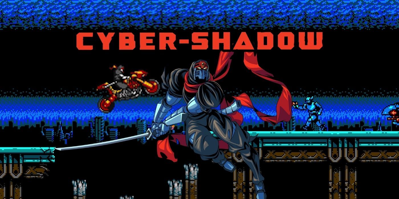 illustration of ninja overtop screenshot of game with cyber shadow logo