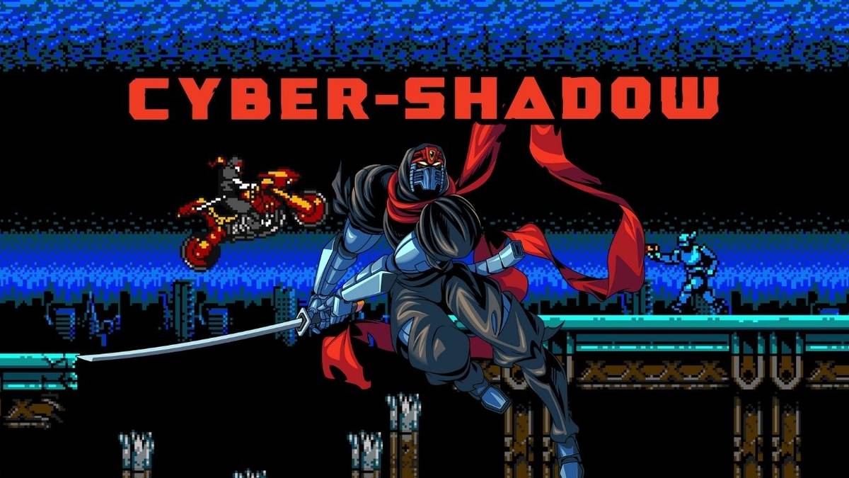 illustration of ninja overtop screenshot of game with cyber shadow logo
