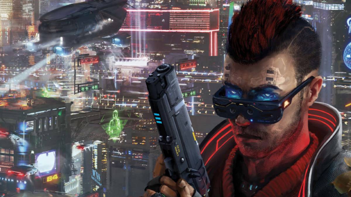 cyberpunnk 2077 glowing eyes gun city background