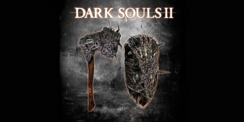 a one-handed axe and medium shield covered in spikes and chains