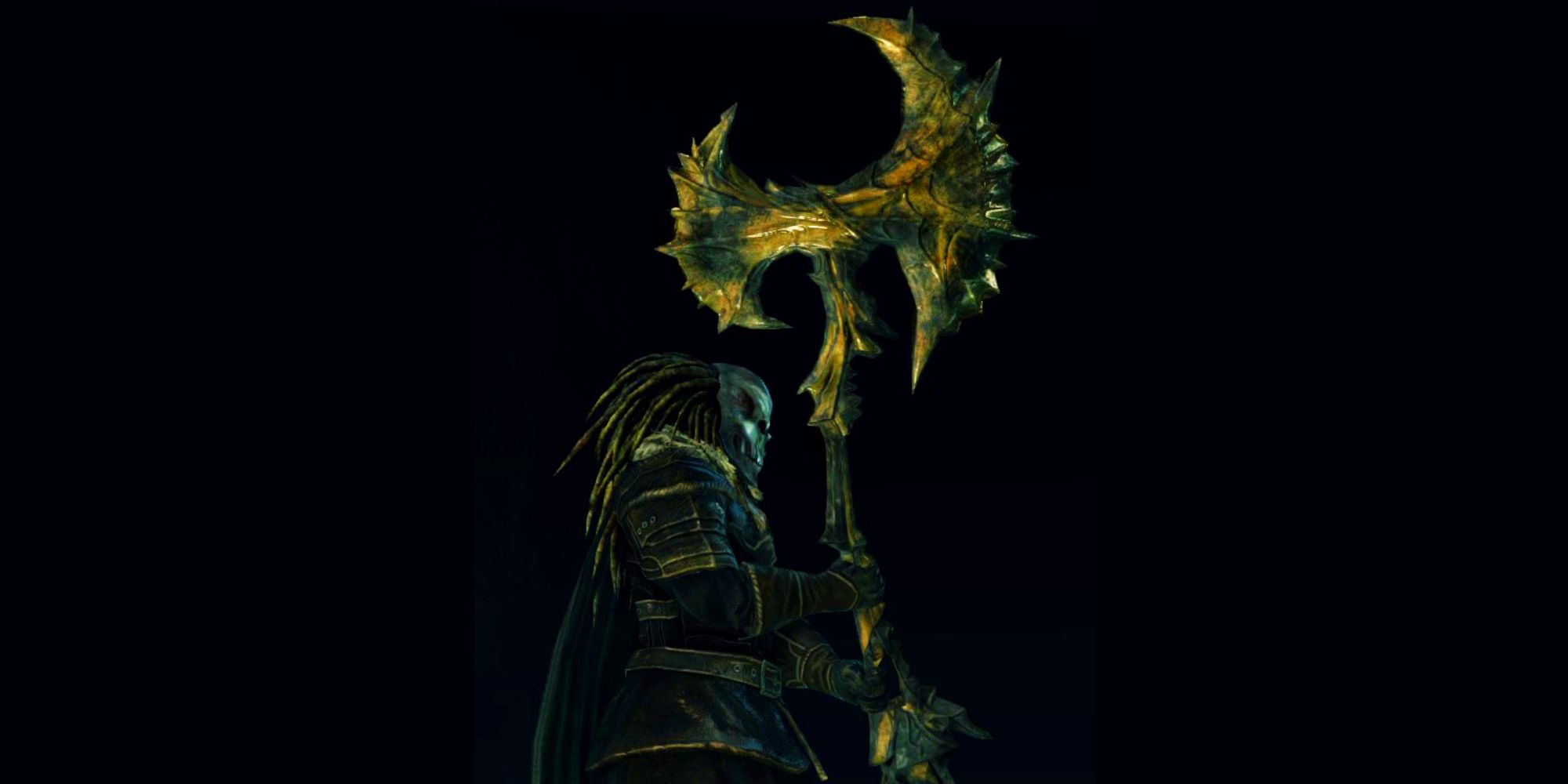 greataxe formed from a black dragon held by the player in a dark area