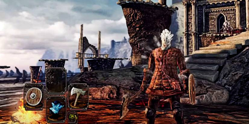 player holding an infantry axe by a bonfire