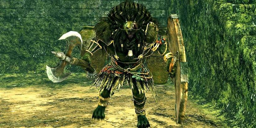 lion warrior wielding a greataxe and a greatshield in the shaded woods