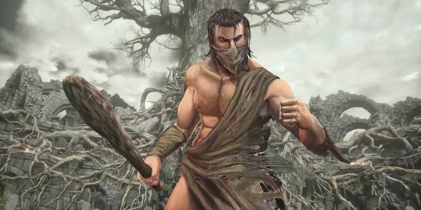 art of a player in rags holding a club in a dark souls 3 area