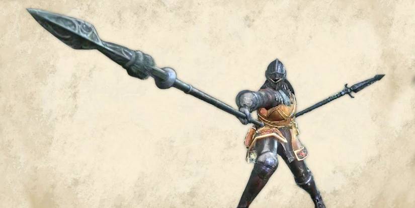 player one a beige background using two spears, one in each hand.