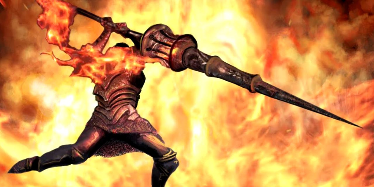 player on a fiery background thrusting with a flaming spear