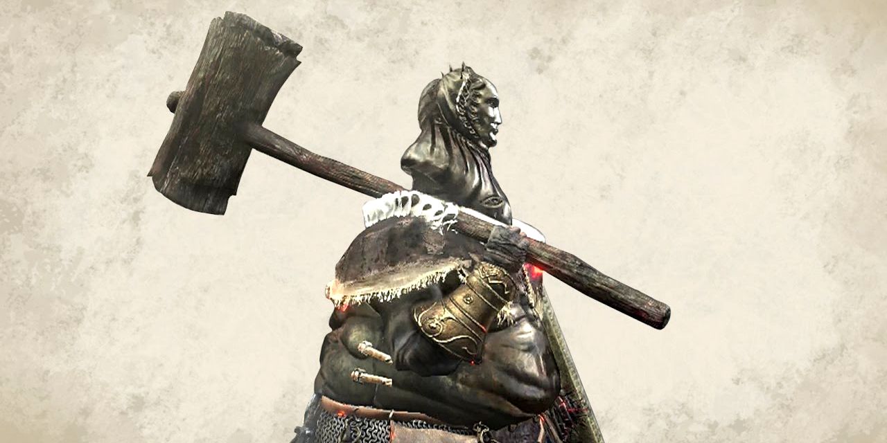 player in smough's armor holding a giant wooden hammer