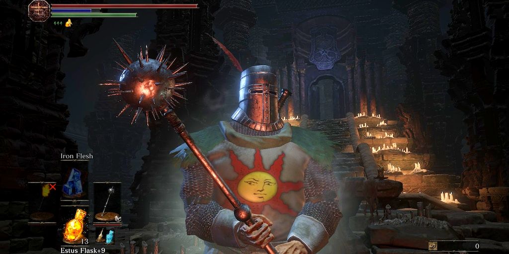 player in solaire armor holding spiked hammer