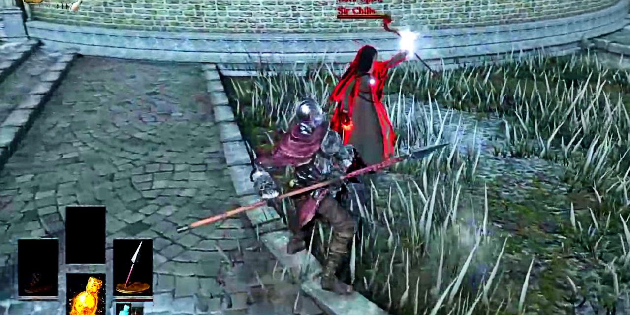 player about to stab an invader with a long spear.