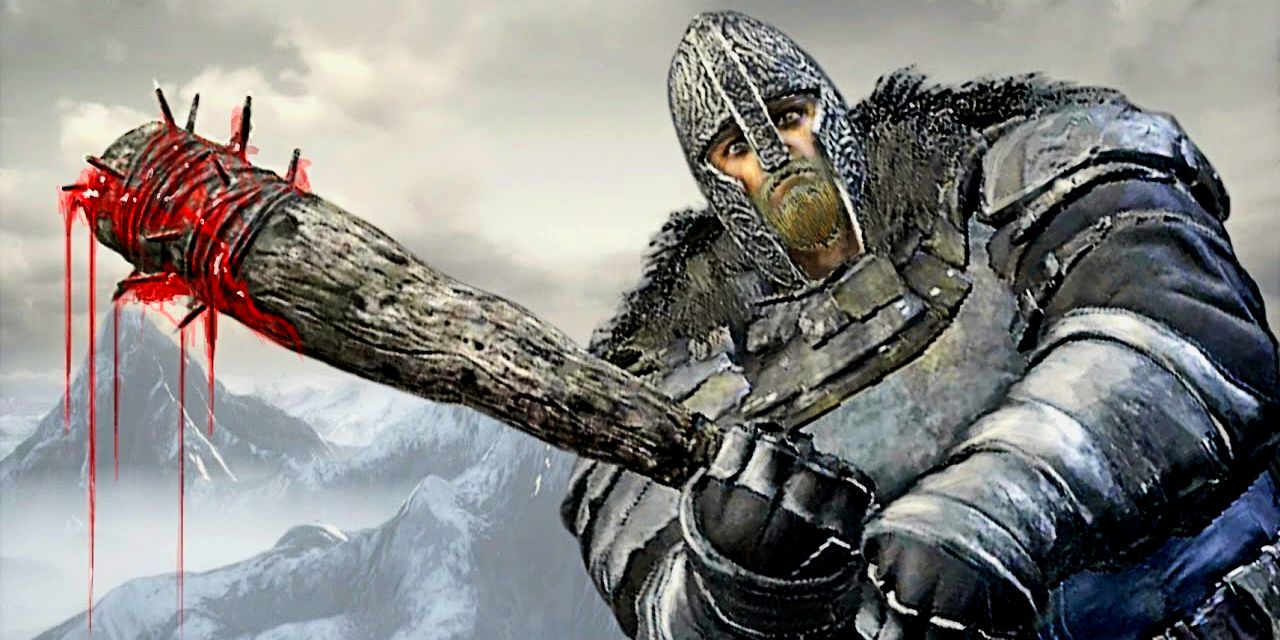 player in heavy armor holding a bloody spiked club