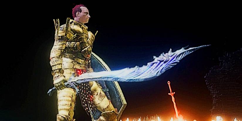 player by a bonfire holding the heavy curved sword.