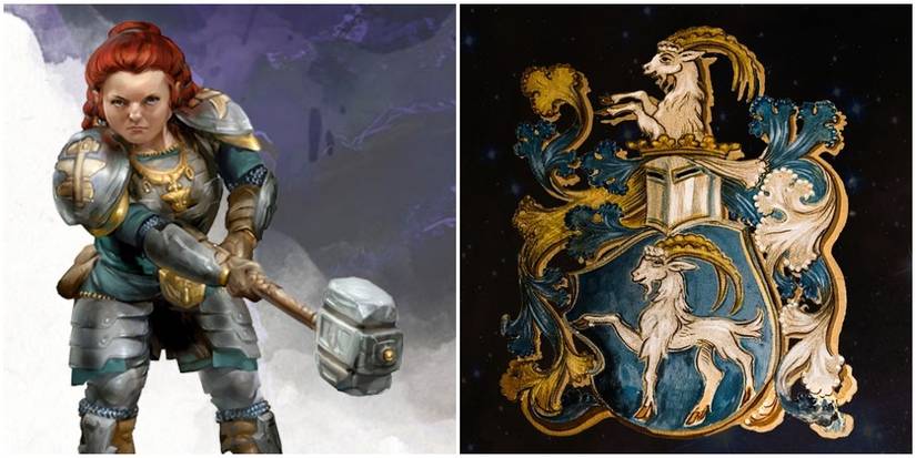 A dwarf next to art depicting the Capricorn sign