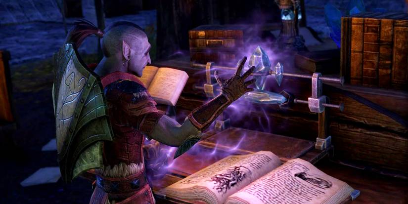 dark elf player in elder scrolls online enchanting an item.