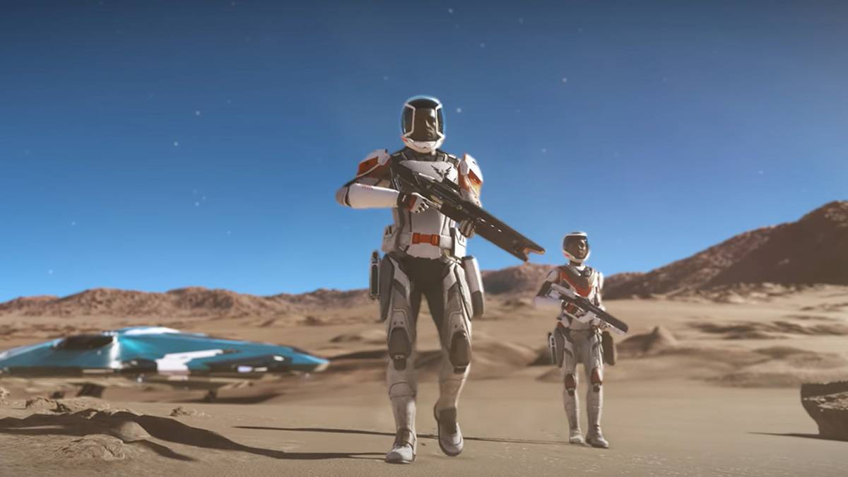 Two space people on a planet