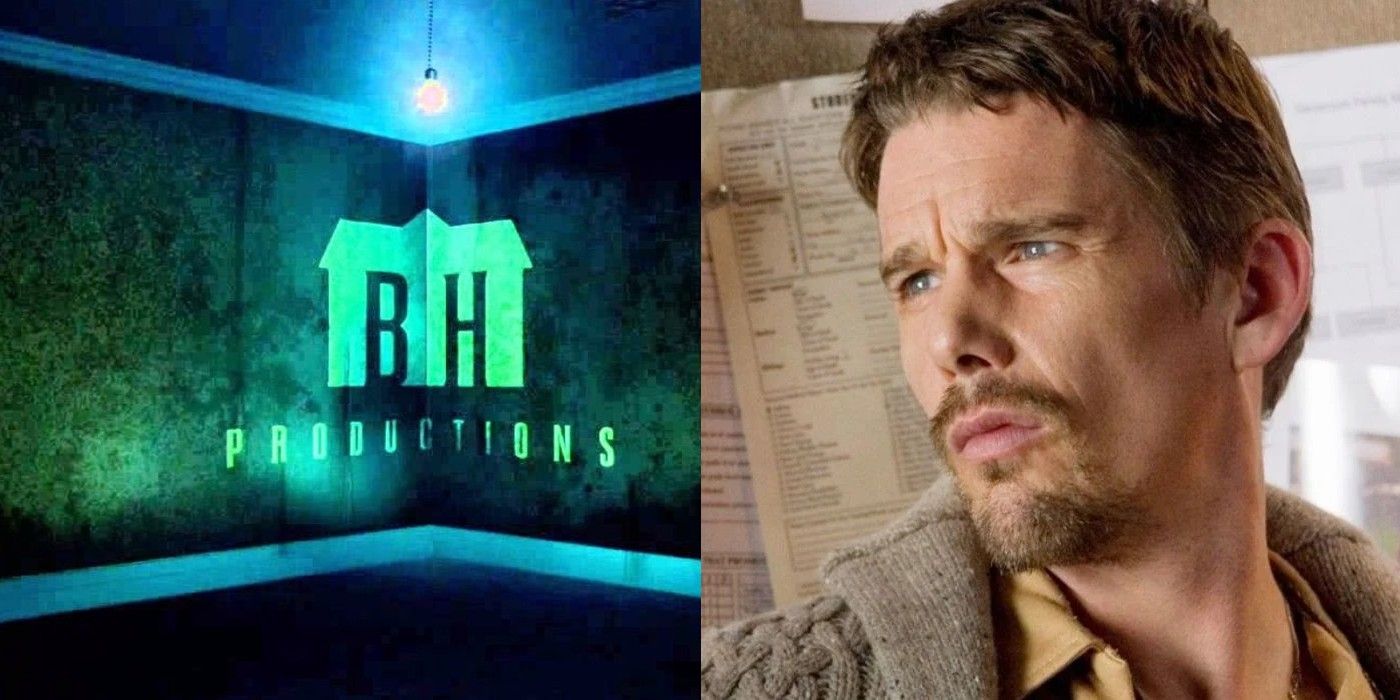 Split image of Blumhouse Productions logo and Ethan Hawke in Sinister