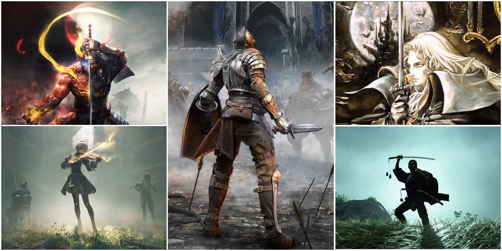 demon's souls image surrounded by art and screenshots from nioh 2, castlevania: symphony of the night, nier: automata, and ghost of tsushima.