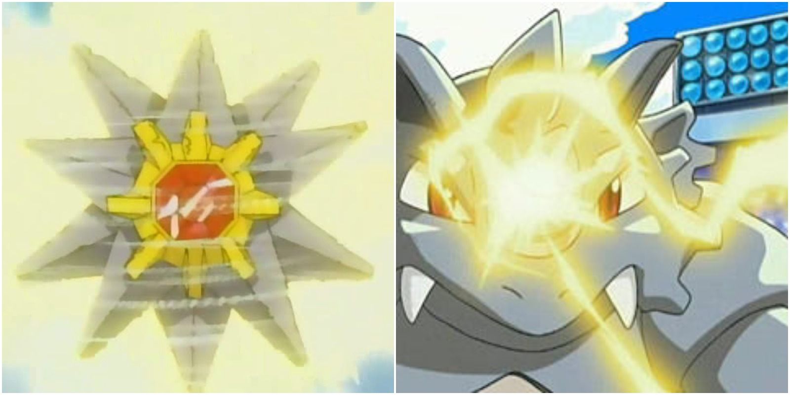 starmie on left and rhydon on right using electric type attacks.