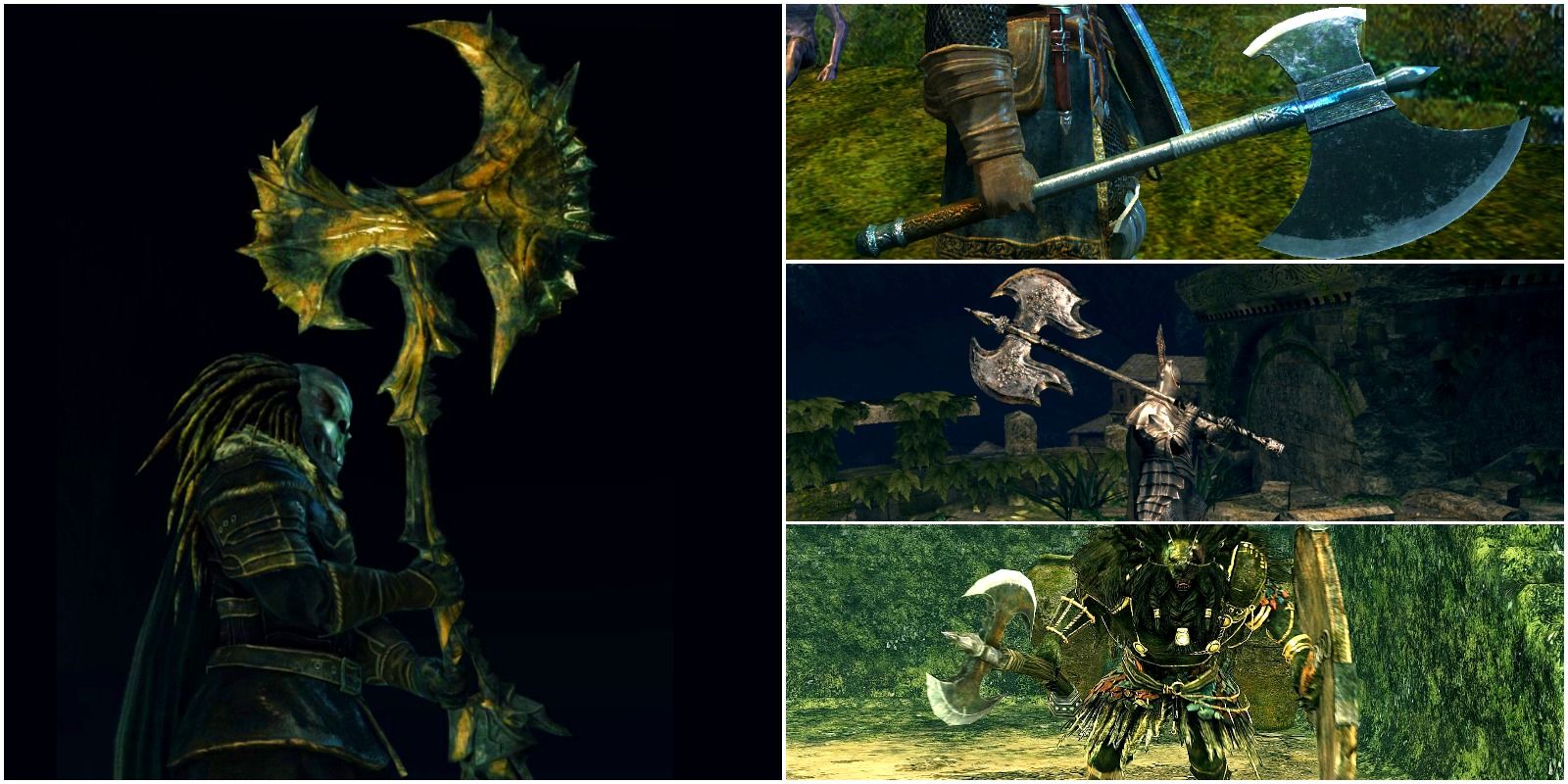 left: black dragon greataxe. top right: battle axe. middle right: black knight greataxe. bottom right: lion warrior with lion greataxe