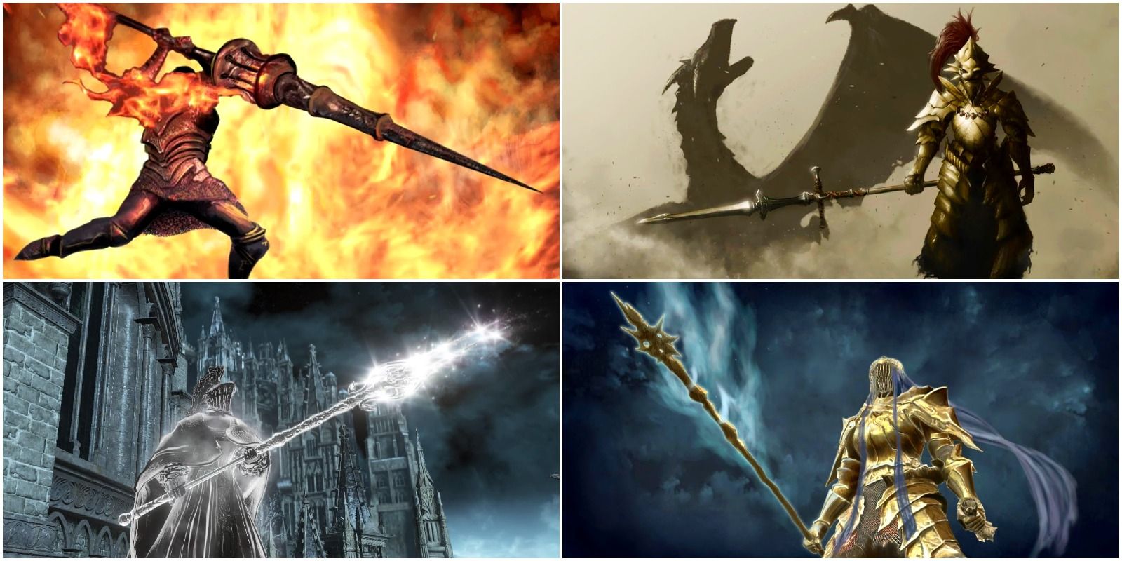 gargoyle flame spear, dragonslayer spear, saint bident, and golden ritual spear.