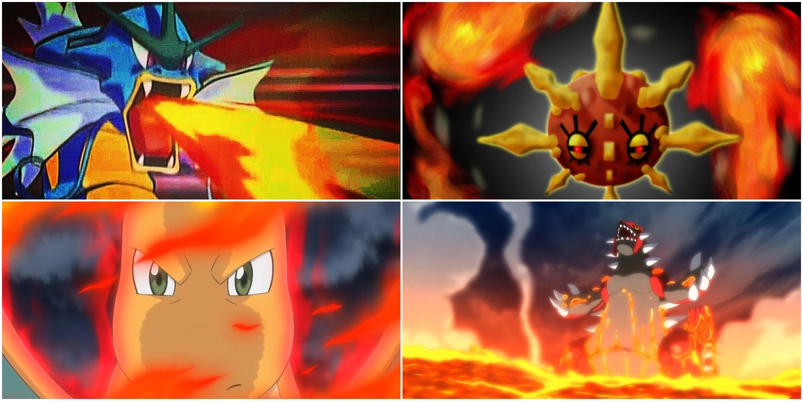 gyarados, solrock, dragonite, and groudon from pokemon with fire and lava around them.