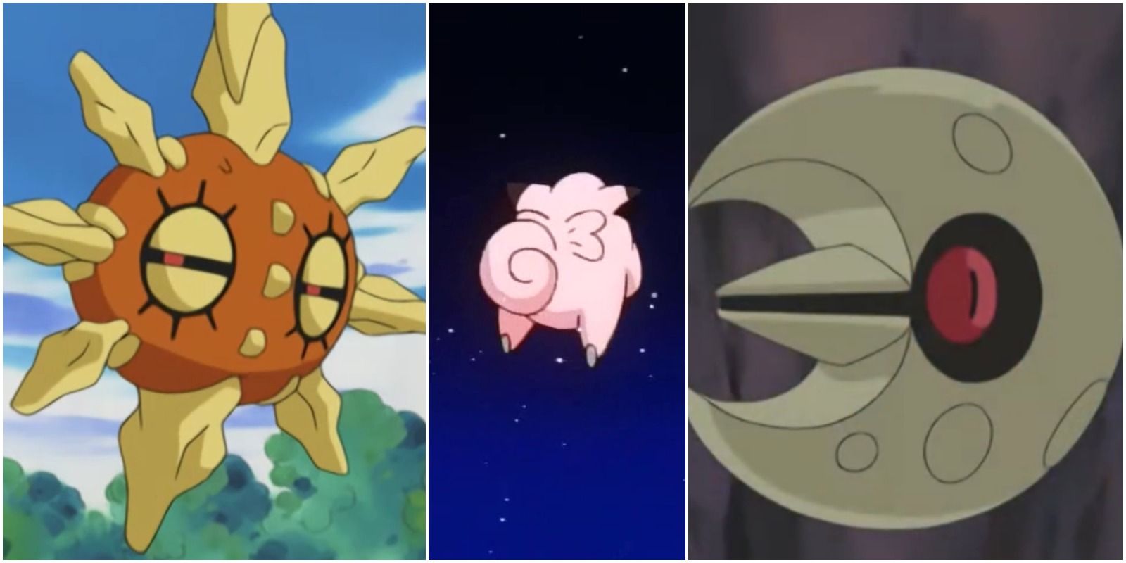 solrock, clefairy, and lunatone from the pokemon anime.